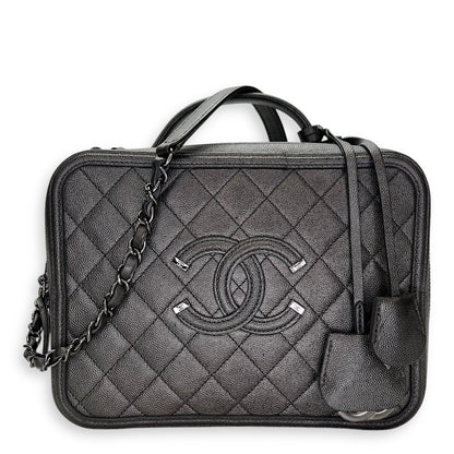CC Filigree Large Silver Top Handle Bag in Caviar Leather, Silver hardware
