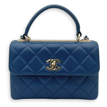 Trendy CC Top Handle Bag Blue in Lambskin, Gold hardware
