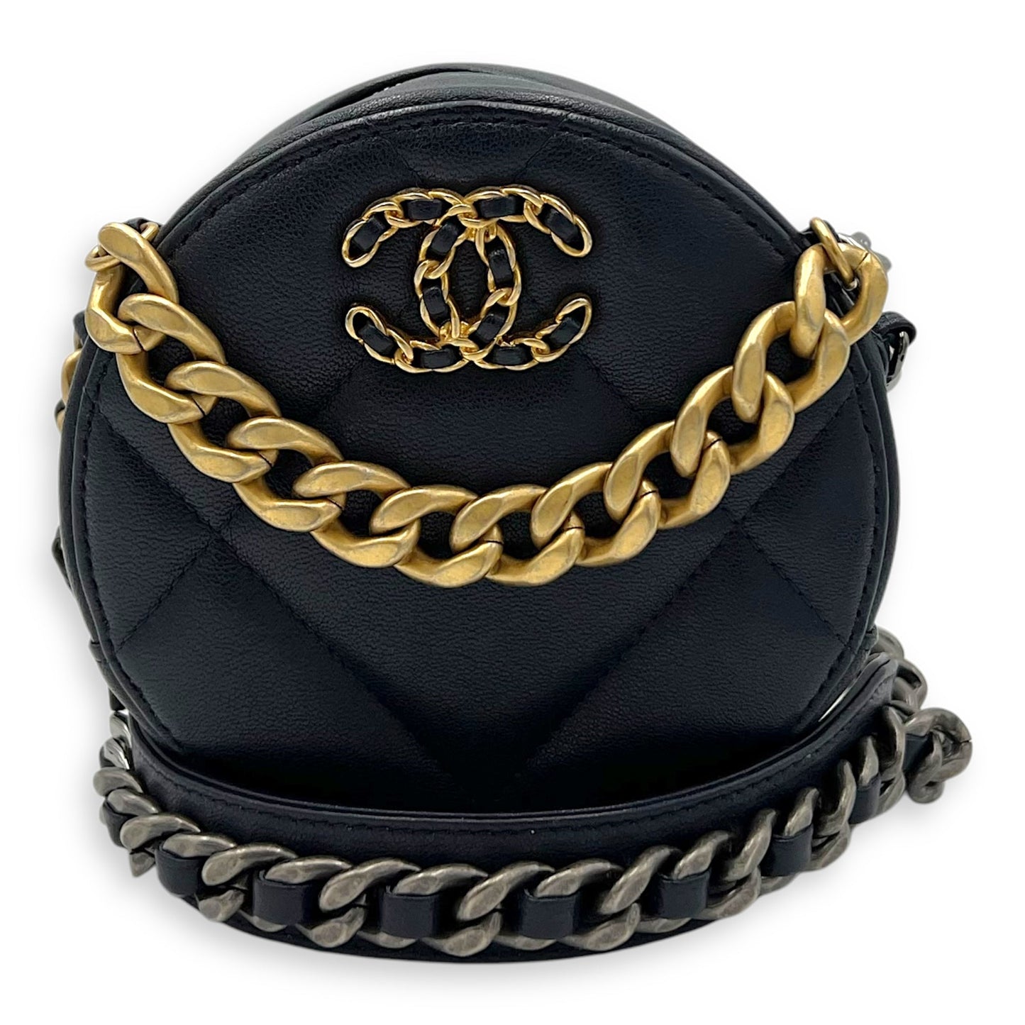 Round CC Crossbody Bag Blue in Calfskin, Mixed hardware