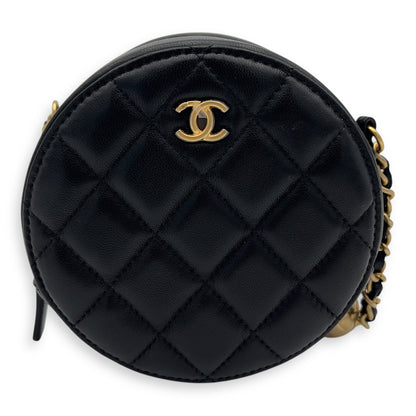 Round CC Crossbody Bag Black in Lambskin, Brushed Gold hardware