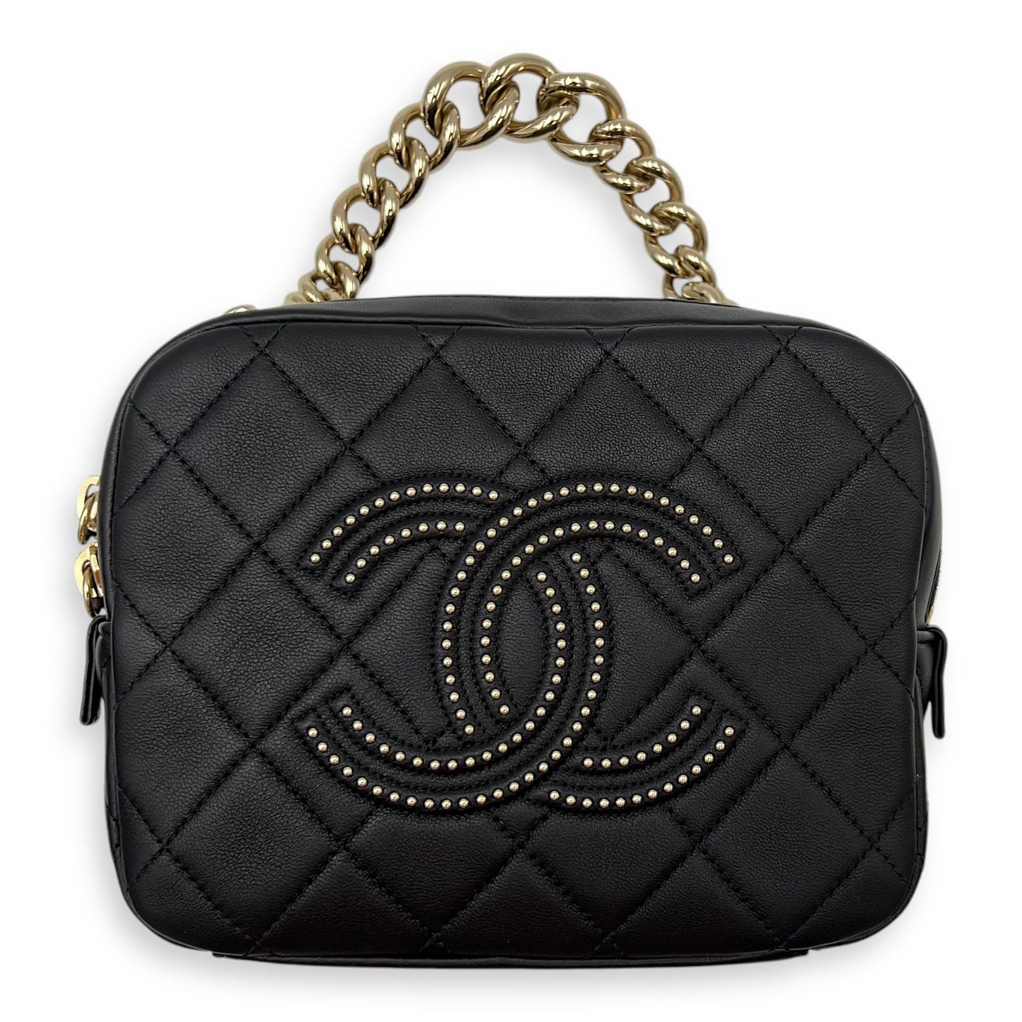 CC Camera Studded Black Shoulder Bag in Lambskin, Gold hardware