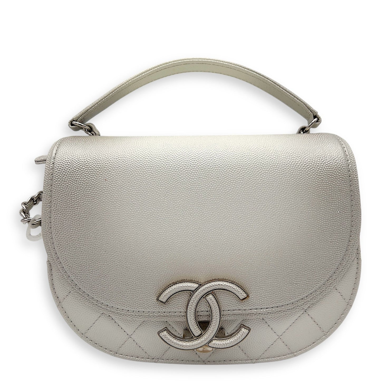 Coco Curve Top Handle Bag White in Caviar Leather, Silver hardware
