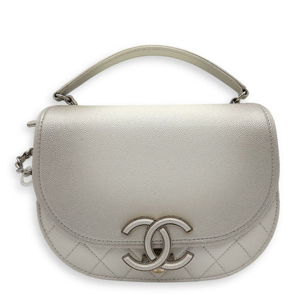 Coco Curve Top Handle Bag White in Caviar Leather, Silver hardware