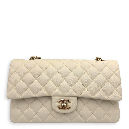 Classic Shoulder Bag White in Caviar Leather, Light Gold hardware