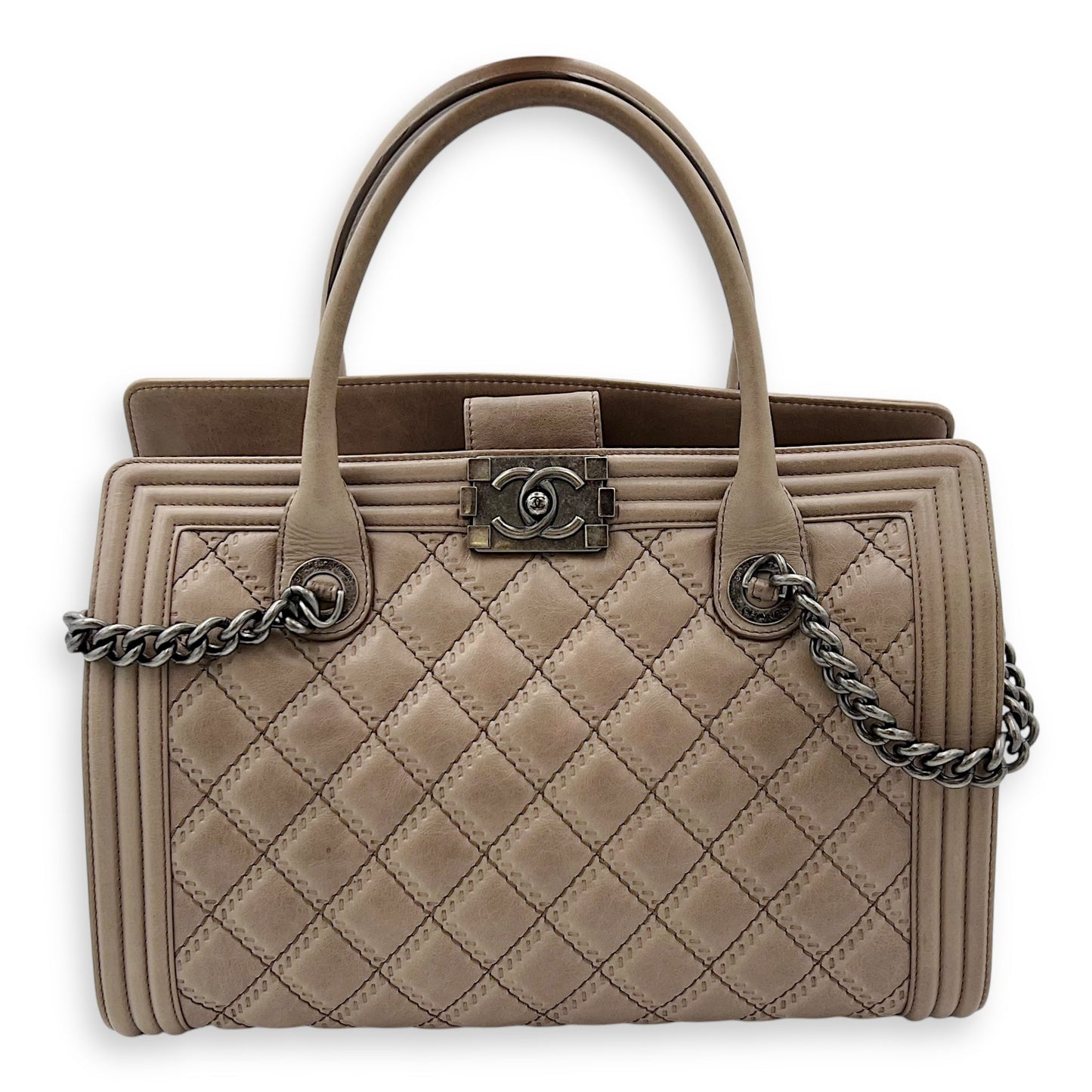 Boy Top Handle Bag Beige in Calfskin, Gunmetal hardware