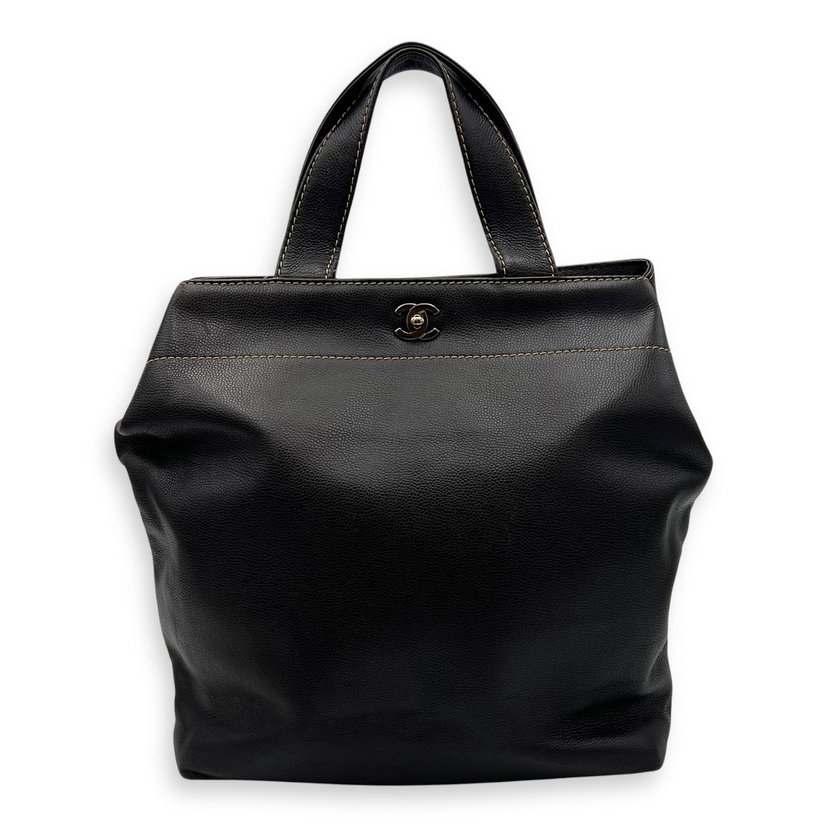 CC Tote Bag Brown in Caviar Leather, Ruthenium hardware