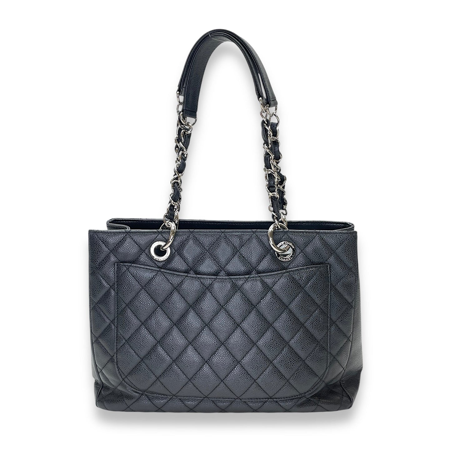 GST Black Tote Bag in Caviar Leather, Silver hardware
