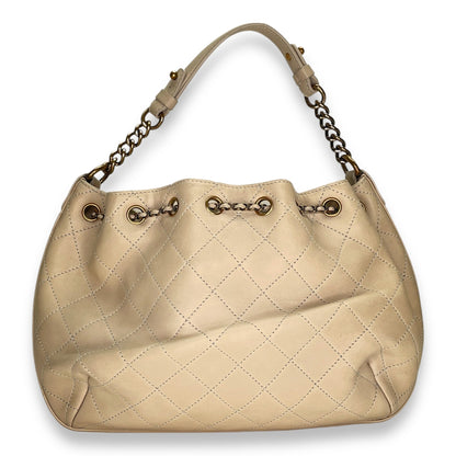 Drawstring CC White Bucket Bag in Lambskin, Gold hardware