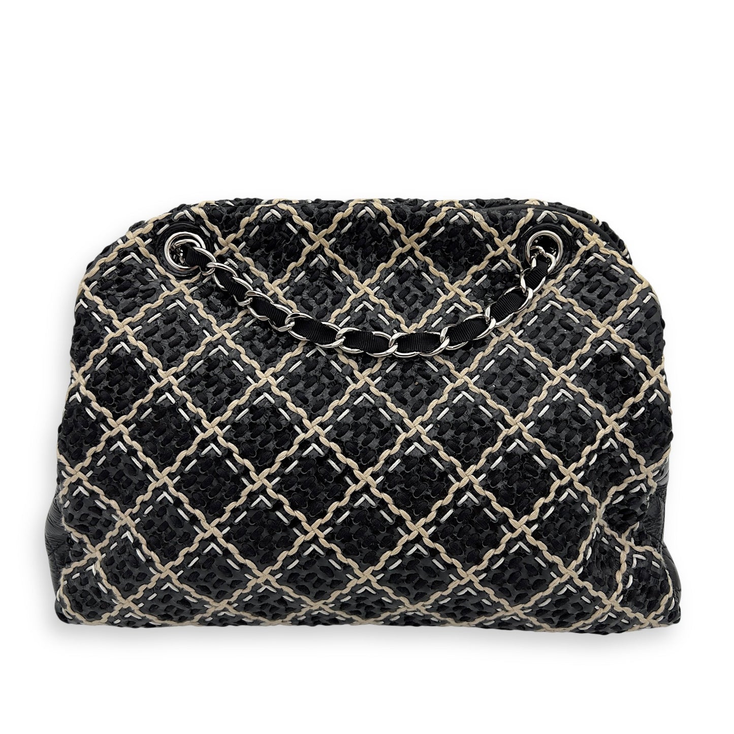 Mademoiselle Bowler Shoulder Bag Black in Tweed, Silver hardware