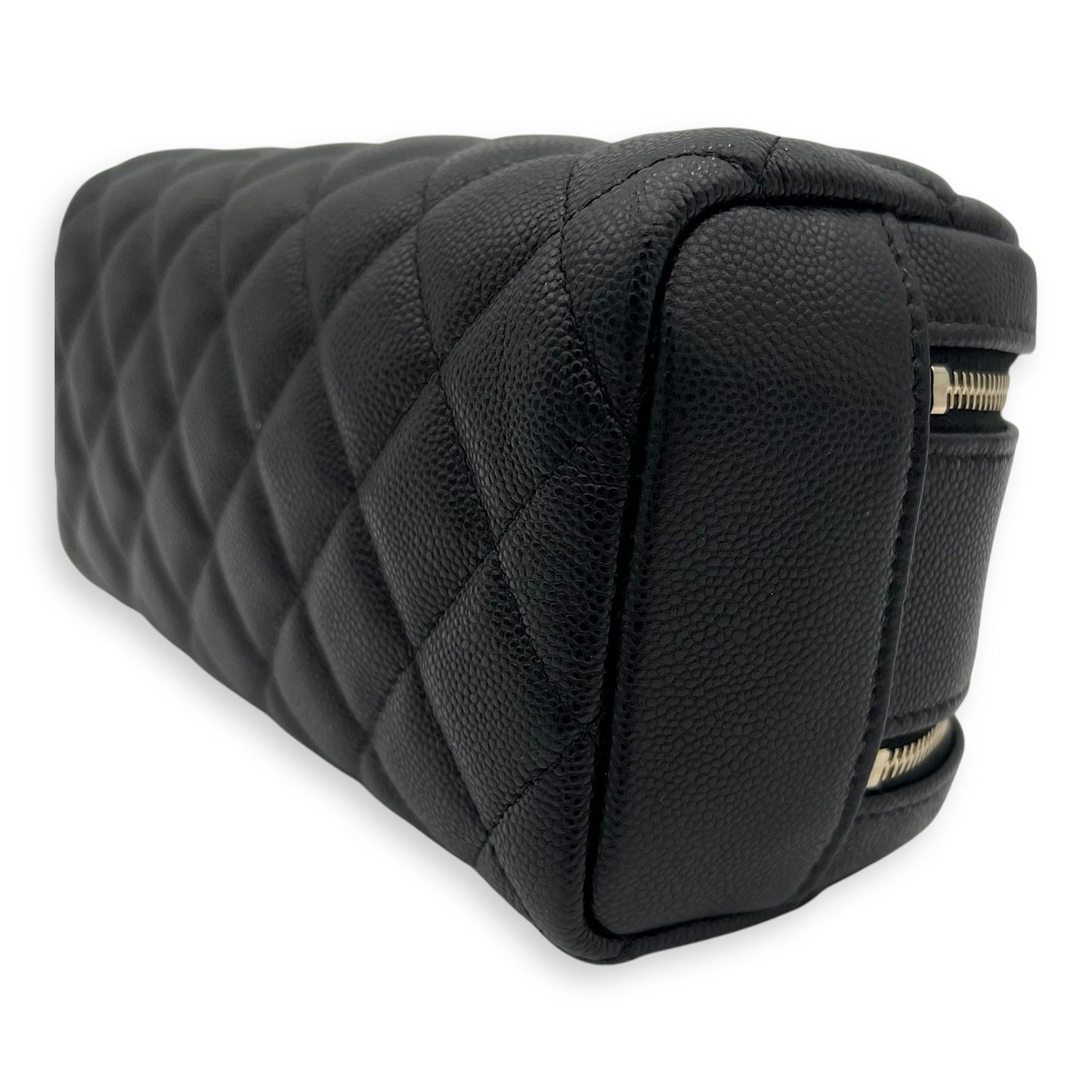 Quilted Double Zip Black Pouch in Caviar Leather, Gold hardware