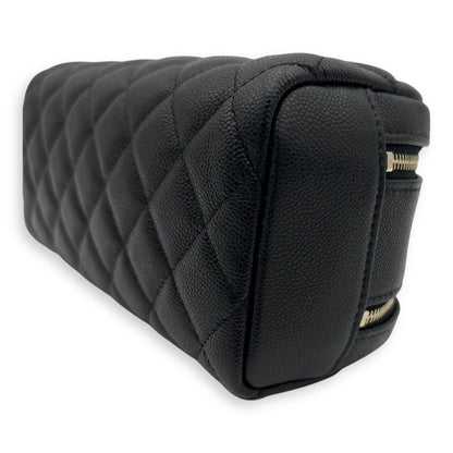 Quilted Double Zip Black Pouch in Caviar Leather, Gold hardware