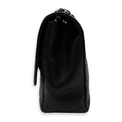 Classic Jumbo Black Shoulder Bag in Caviar Leather, Silver hardware