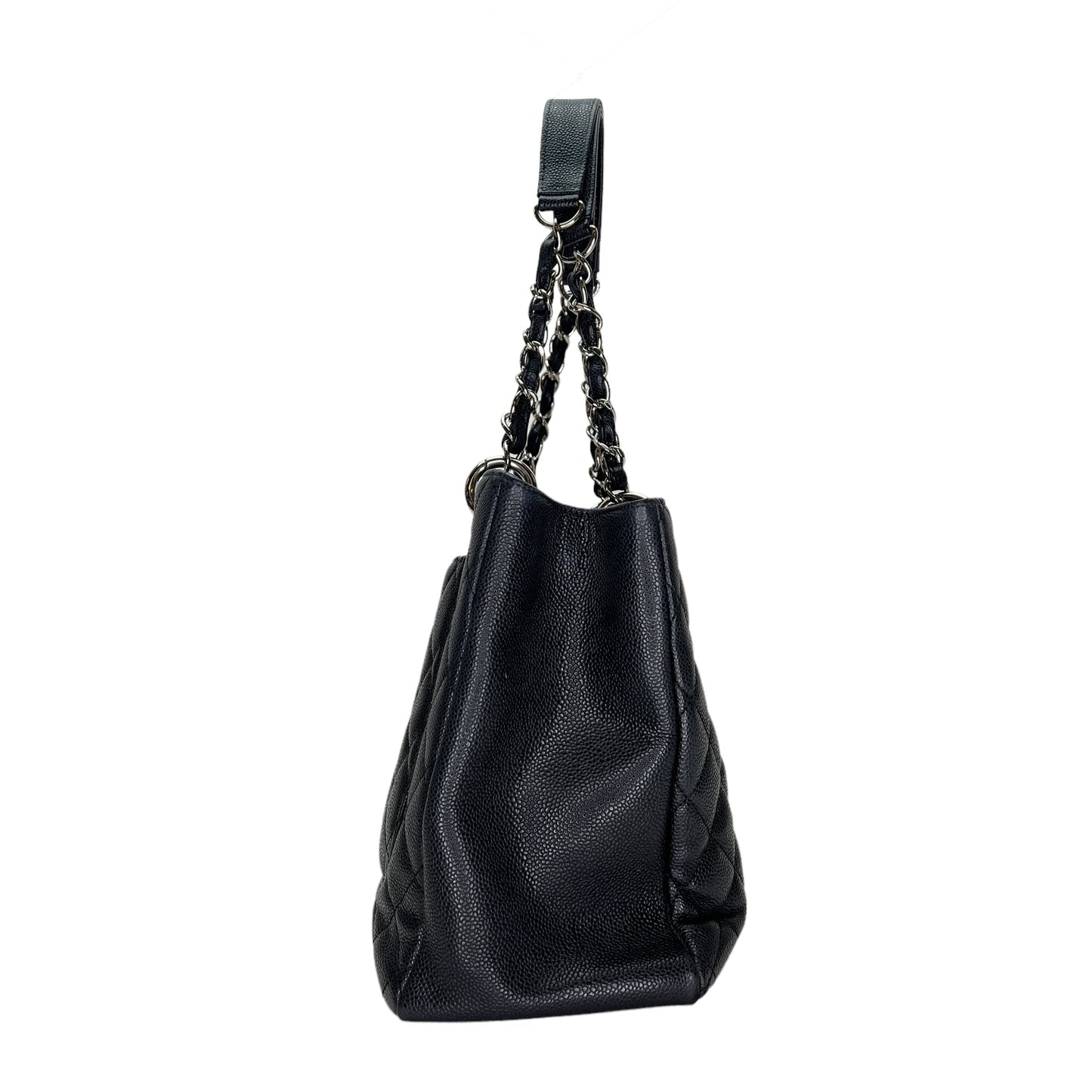 GST Black Tote Bag in Caviar Leather, Silver hardware