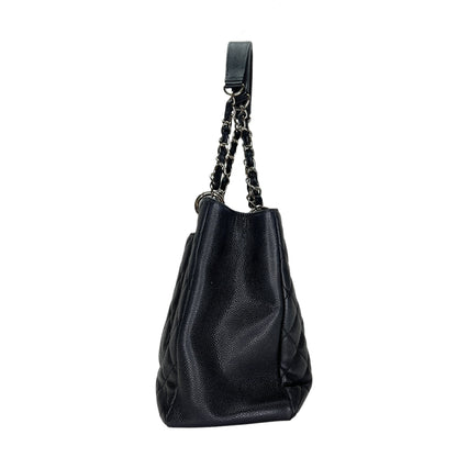 GST Black Tote Bag in Caviar Leather, Silver hardware