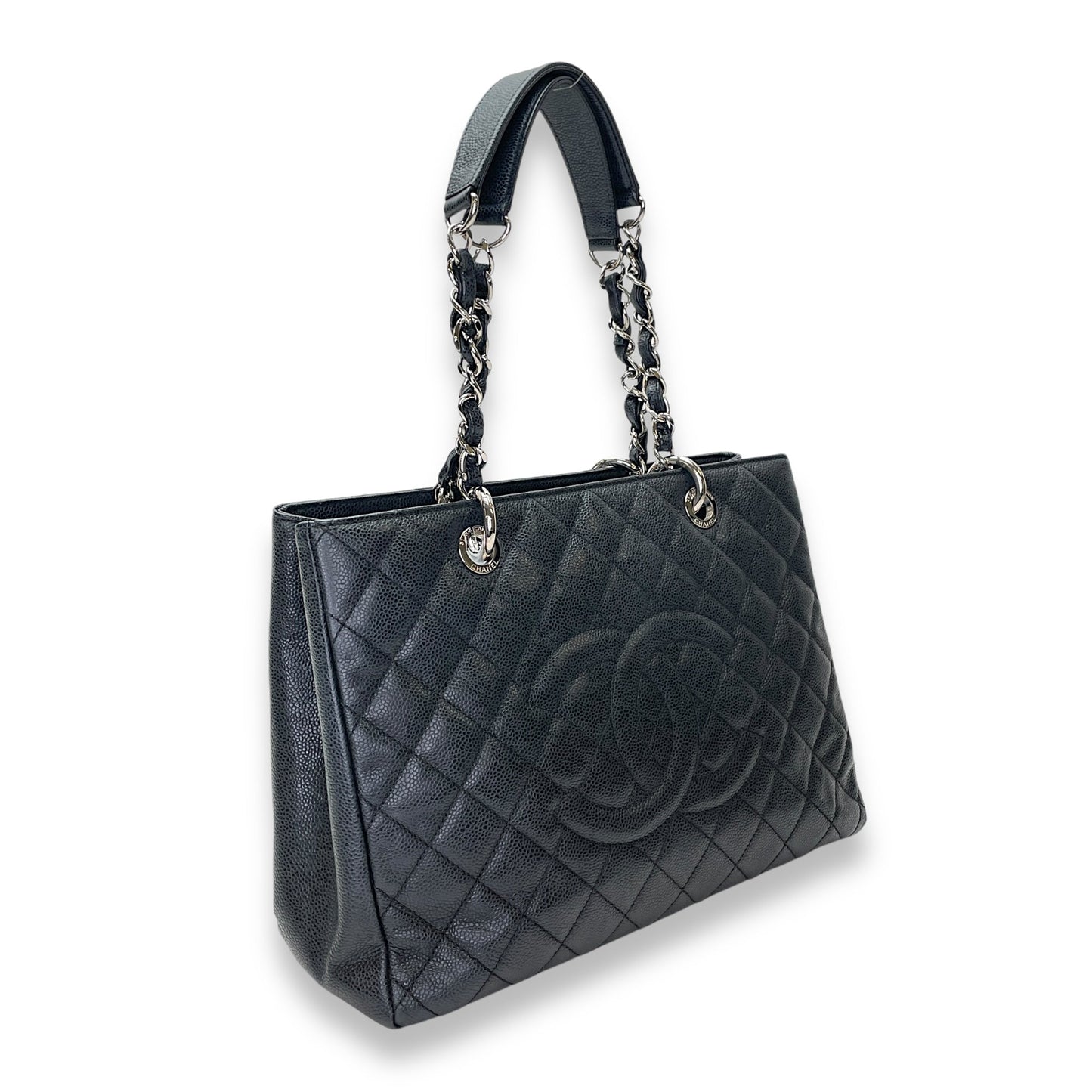 GST Black Tote Bag in Caviar Leather, Silver hardware