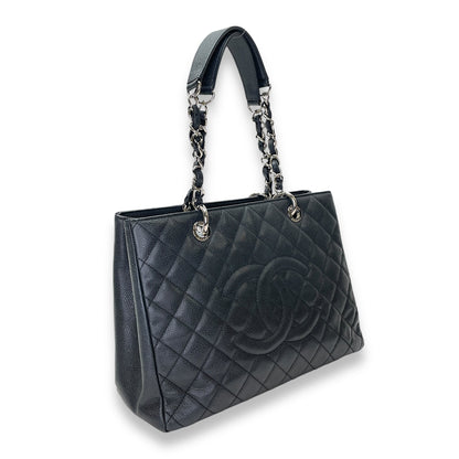 GST Black Tote Bag in Caviar Leather, Silver hardware