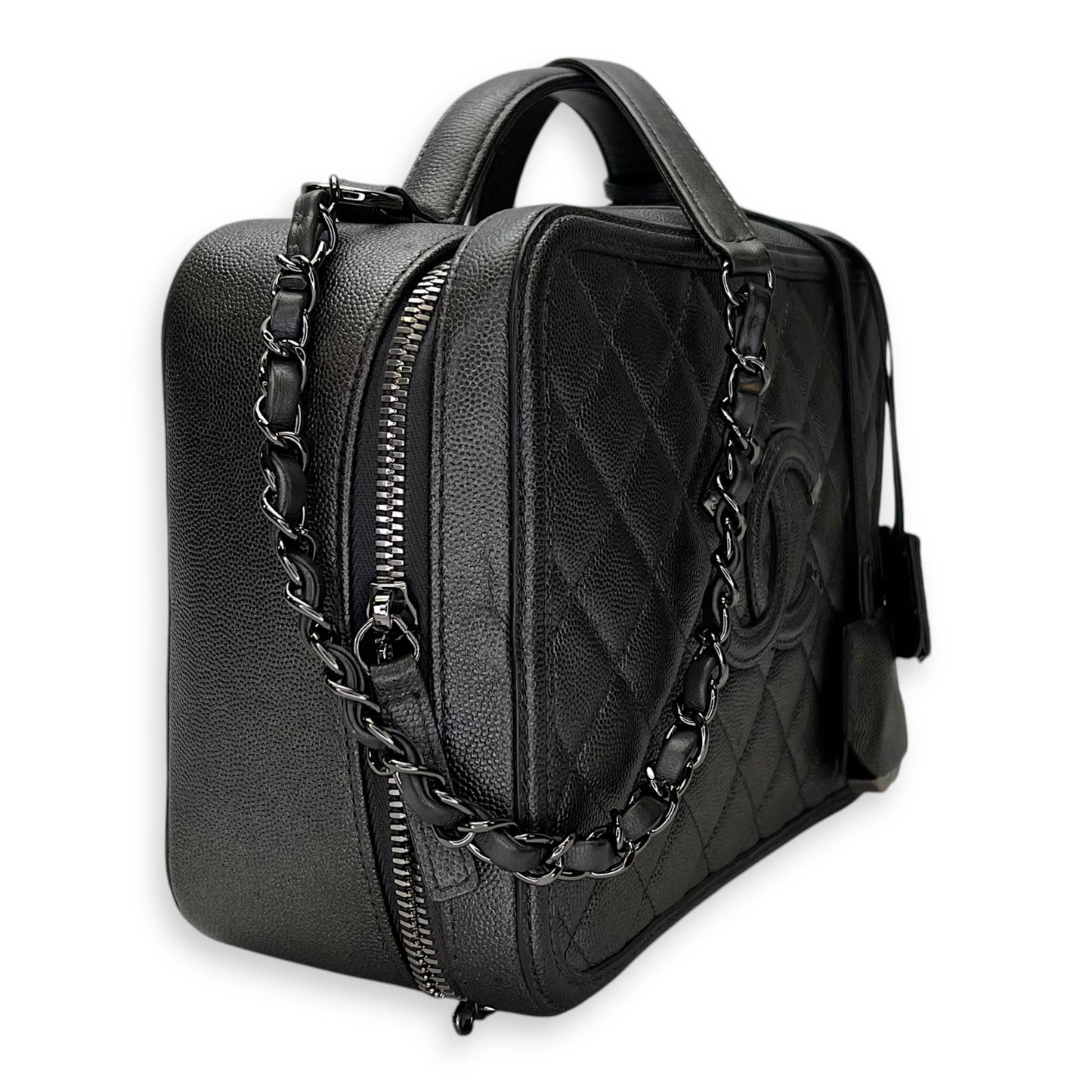 CC Filigree Large Silver Top Handle Bag in Caviar Leather, Silver hardware