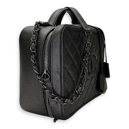 CC Filigree Large Silver Top Handle Bag in Caviar Leather, Silver hardware
