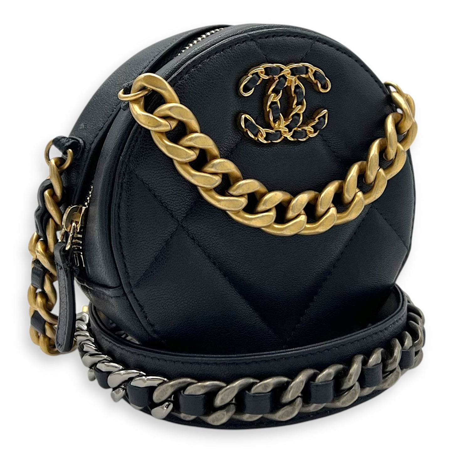 Round CC Crossbody Bag Blue in Calfskin, Mixed hardware