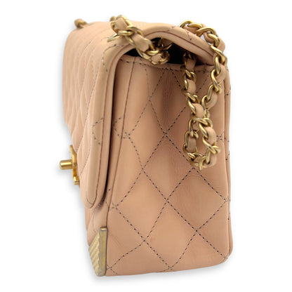 Mini Rectangle Shoulder Bag Beige in Lambskin, Gold hardware