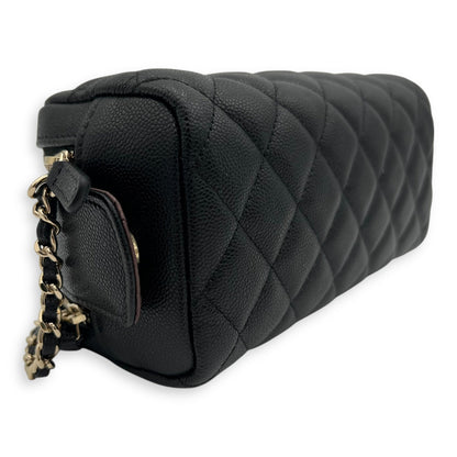 Quilted Double Zip Black Pouch in Caviar Leather, Gold hardware
