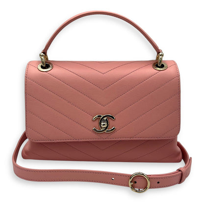 Chevron Chic Small Pink Top Handle Bag in Calfskin, Gold hardware