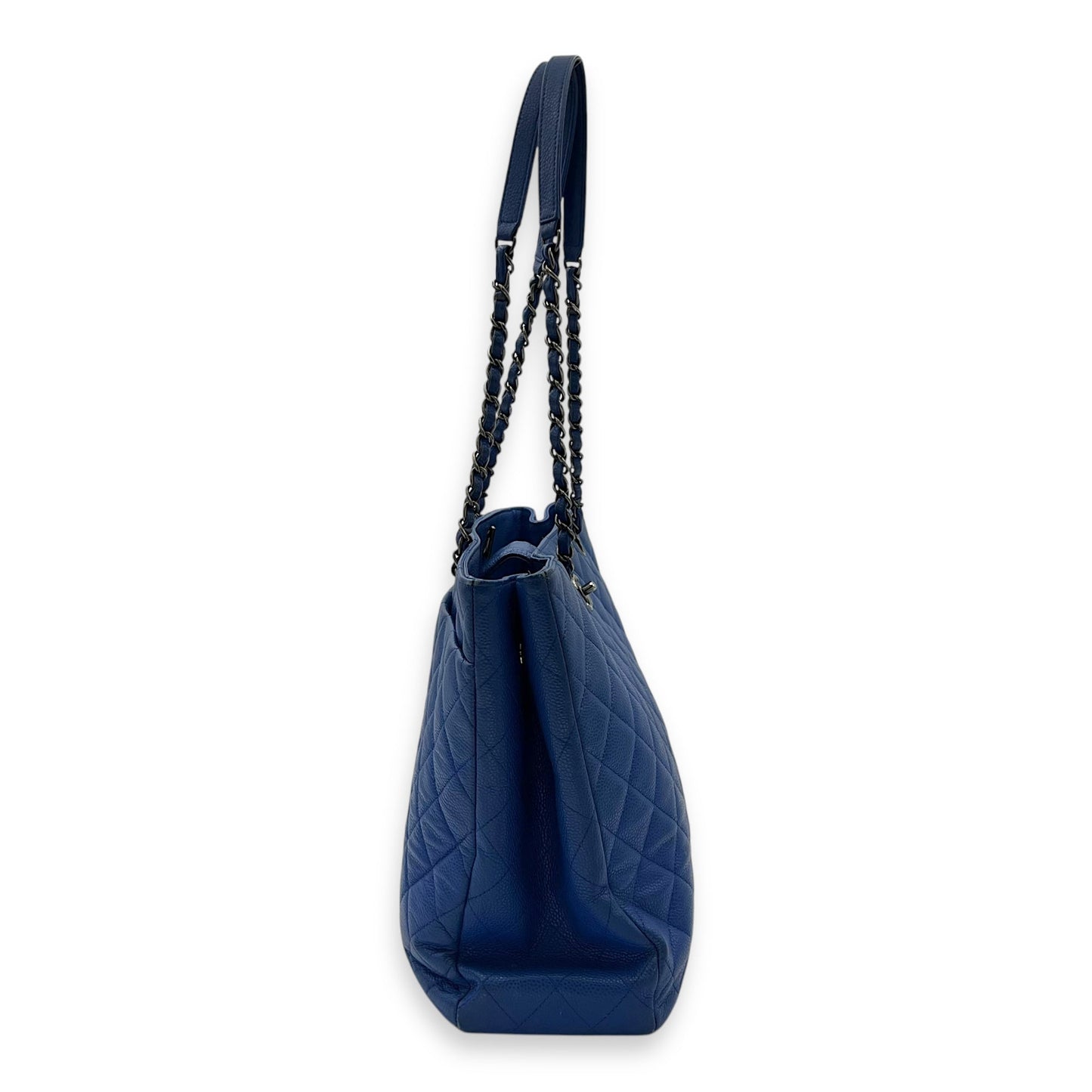 CC Quilted Blue Tote Bag in Caviar Leather, Ruthenium hardware