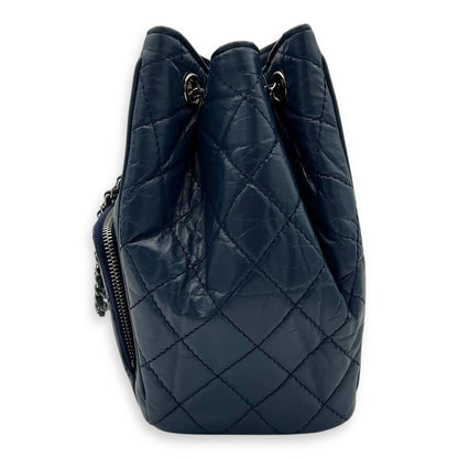 Quilted Seasonal Bucket Bag Blue in Calfskin, Gold hardware