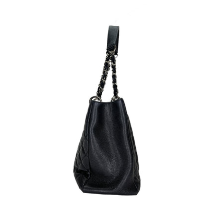 GST Black Tote Bag in Caviar Leather, Silver hardware