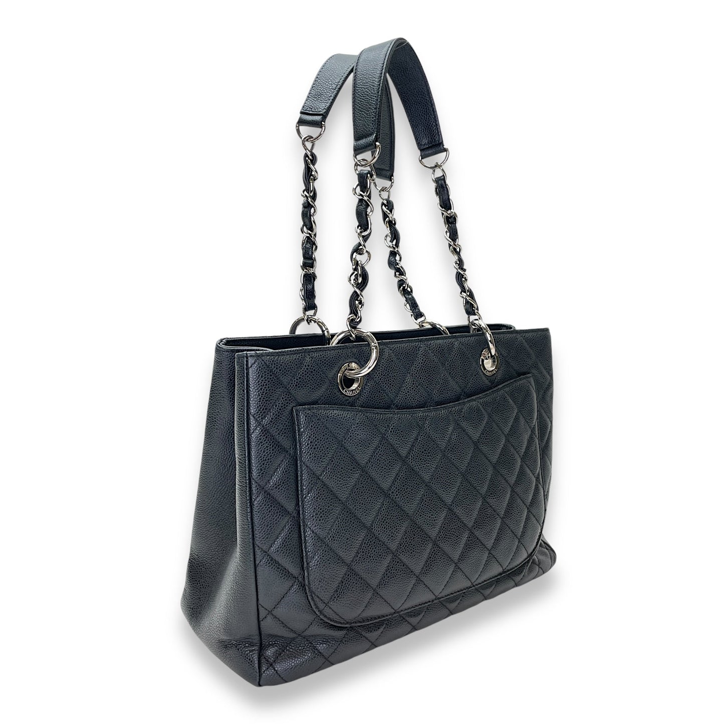 GST Black Tote Bag in Caviar Leather, Silver hardware