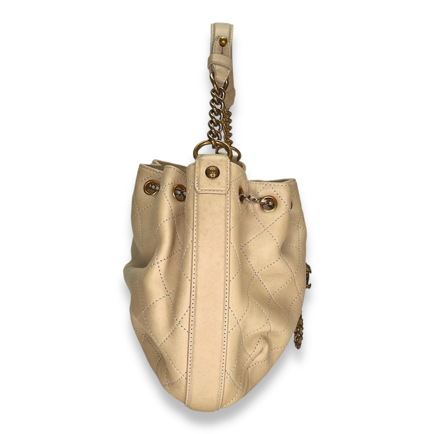 Drawstring CC White Bucket Bag in Lambskin, Gold hardware