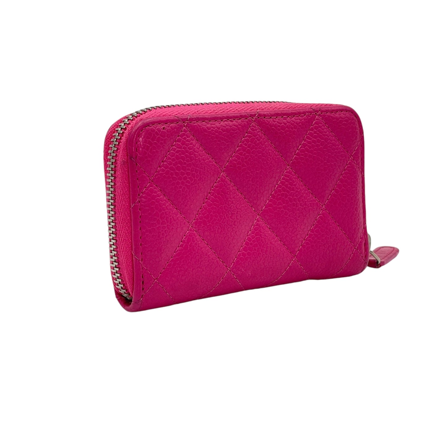 Quilted Timeless Compact Pink Wallet in Caviar Leather, Silver hardware