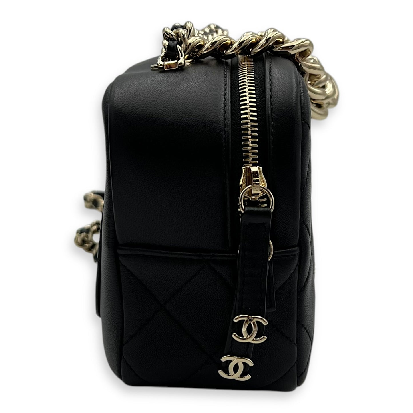 CC Camera Studded Black Shoulder Bag in Lambskin, Gold hardware