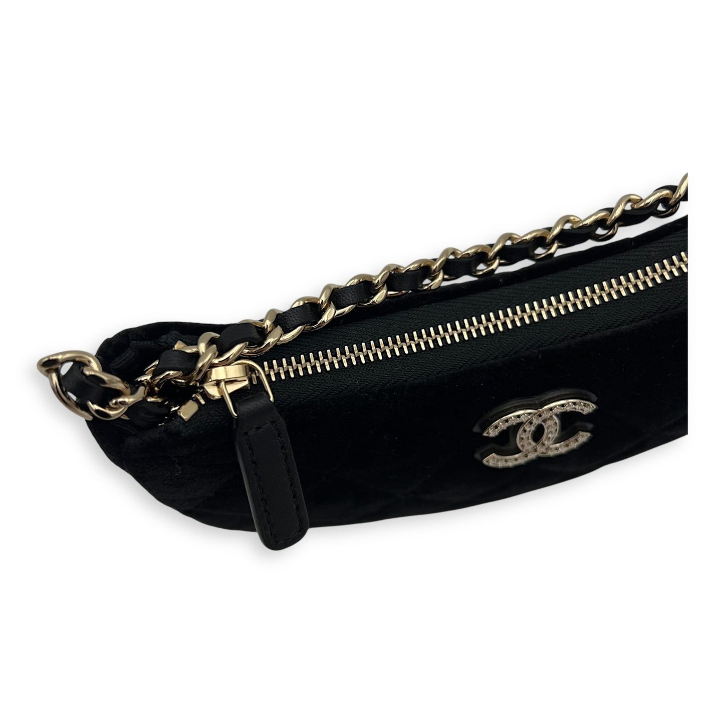 VIP Gift Crystal Quilted Black Crossbody Bag in Velvet, Gold hardware