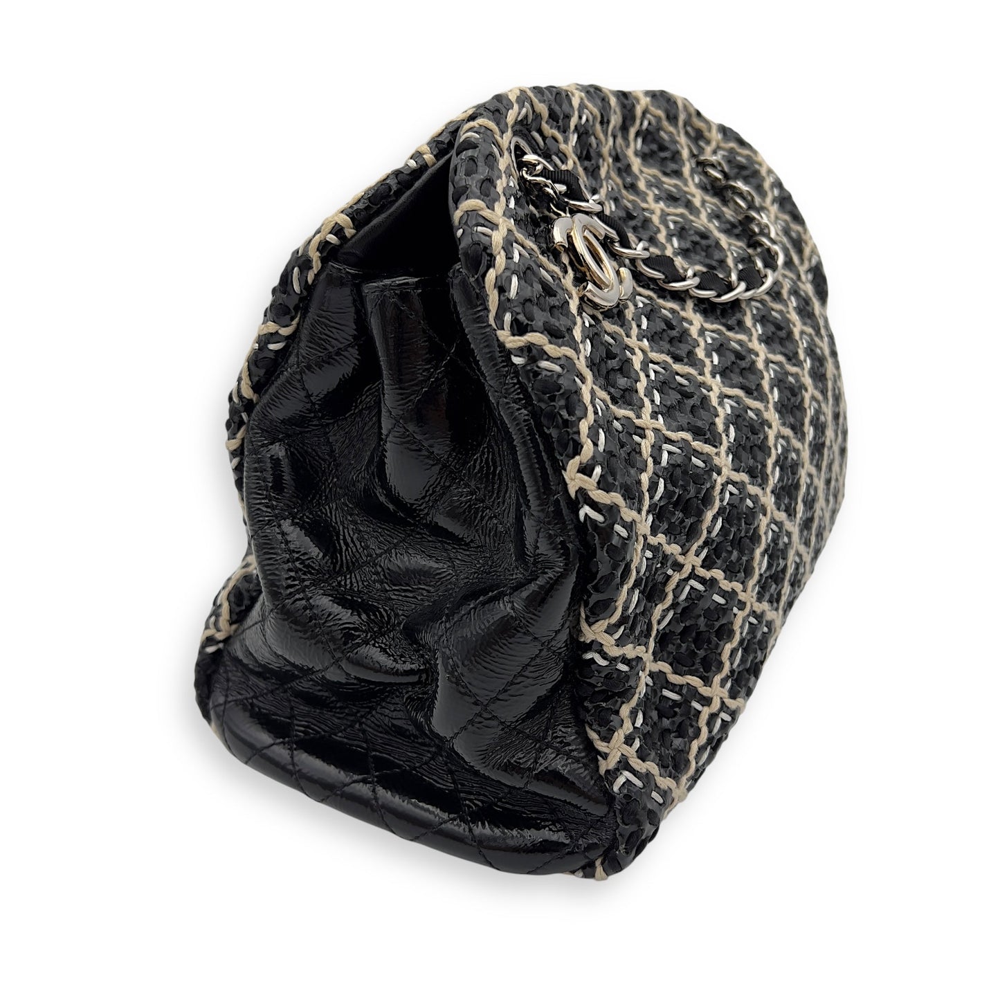 Mademoiselle Bowler Shoulder Bag Black in Tweed, Silver hardware