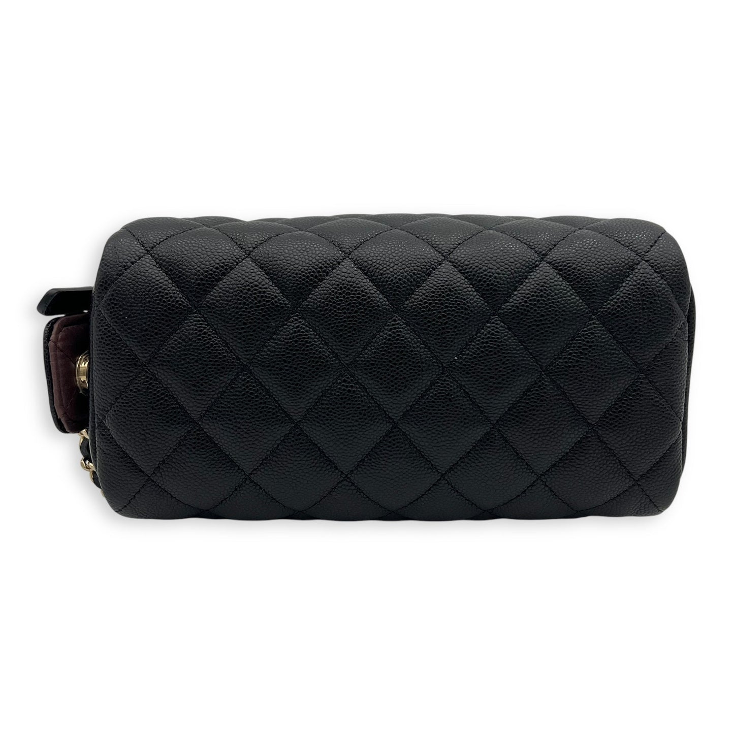 Quilted Double Zip Black Pouch in Caviar Leather, Gold hardware