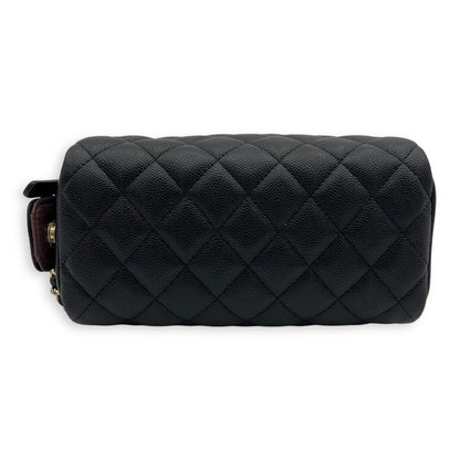 Quilted Double Zip Black Pouch in Caviar Leather, Gold hardware