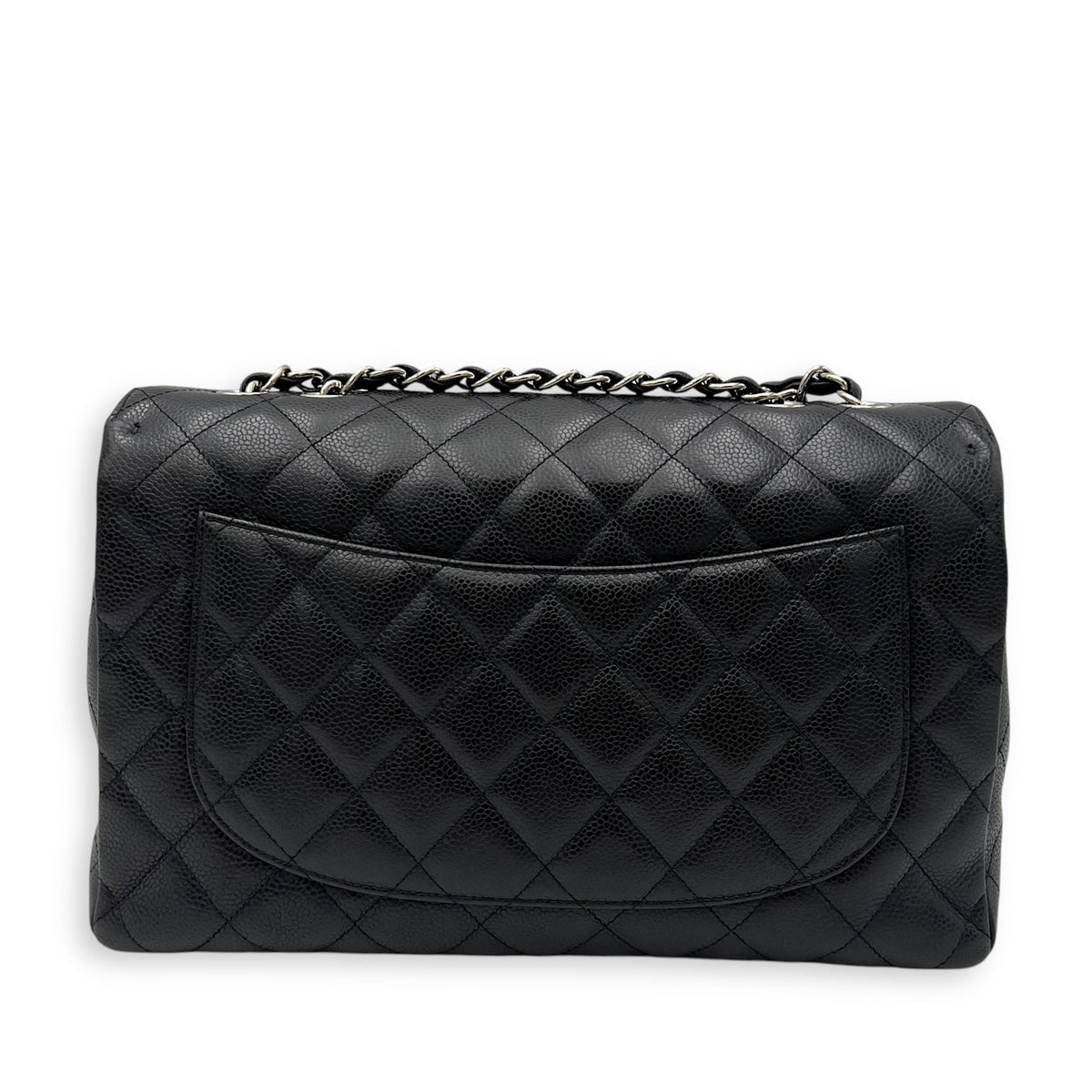 Classic Jumbo Black Shoulder Bag in Caviar Leather, Silver hardware