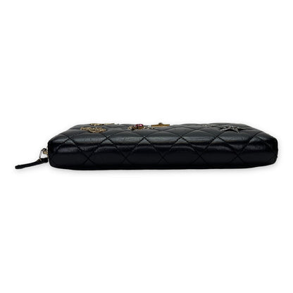 Embellished Long Black Wallet in Distressed Leather, Gold hardware