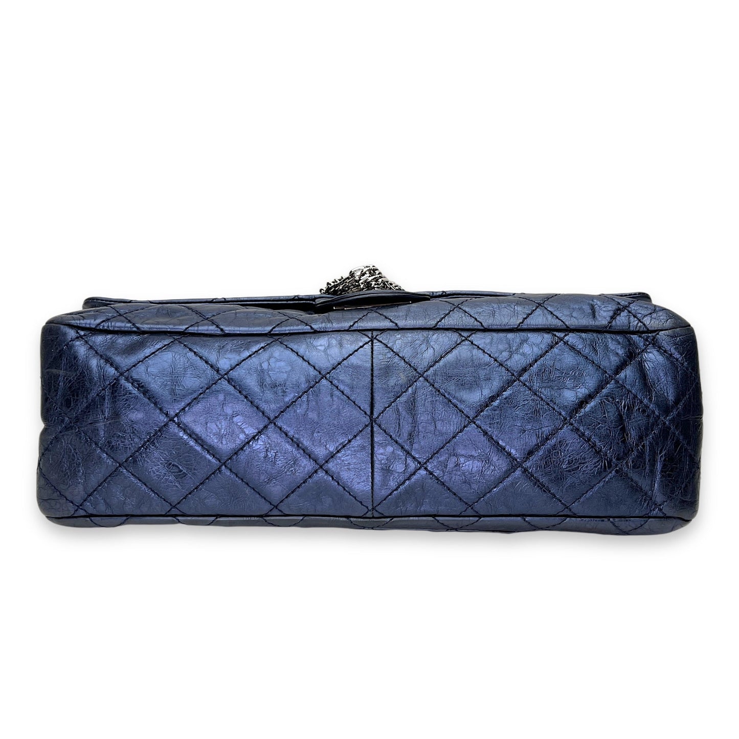 2.55 Large Navy Shoulder Bag in Distressed Leather, Silver hardware
