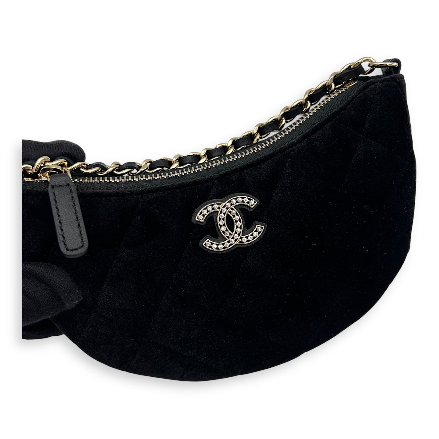 VIP Gift Crystal Quilted Black Crossbody Bag in Velvet, Gold hardware