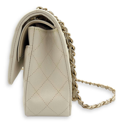 Classic Shoulder Bag White in Caviar Leather, Light Gold hardware