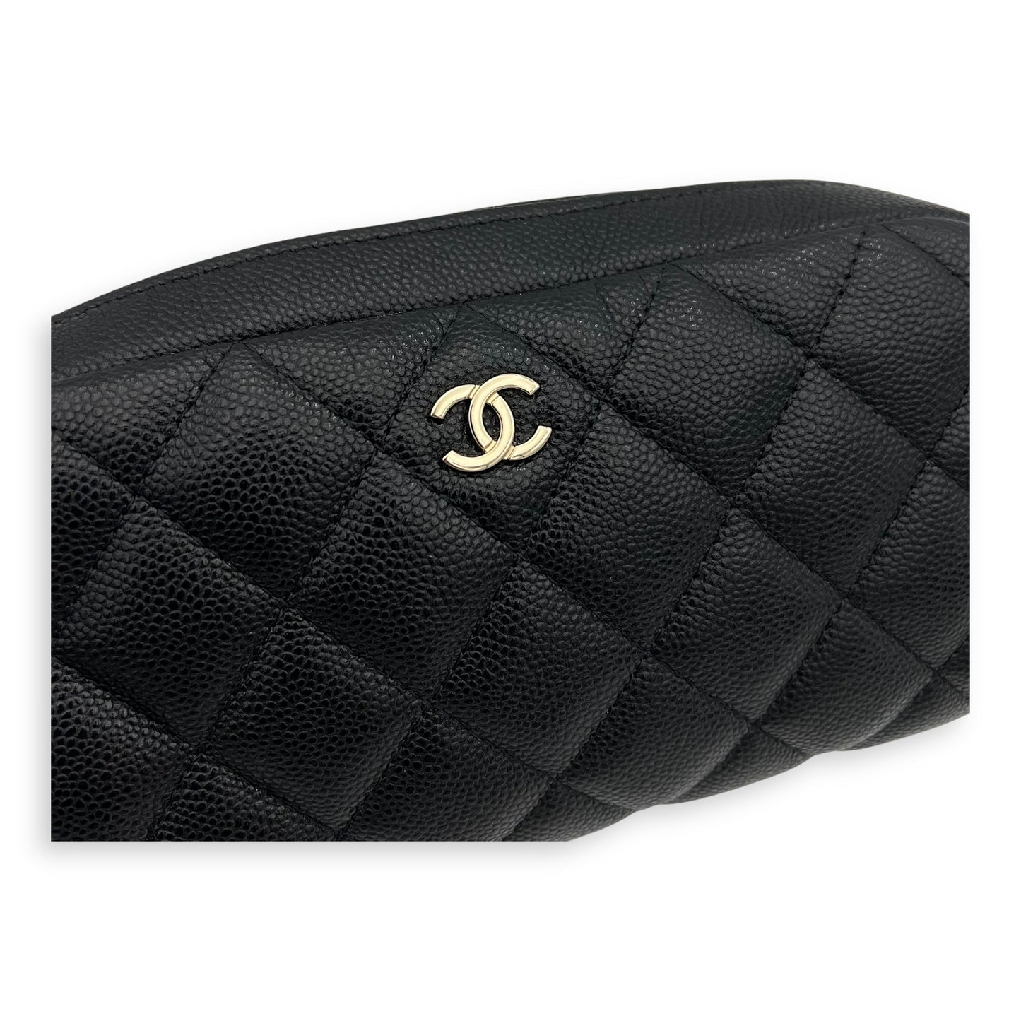 Quilted Double Zip Black Pouch in Caviar Leather, Gold hardware
