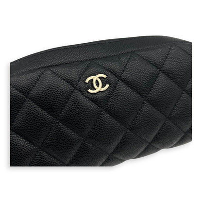 Quilted Double Zip Black Pouch in Caviar Leather, Gold hardware
