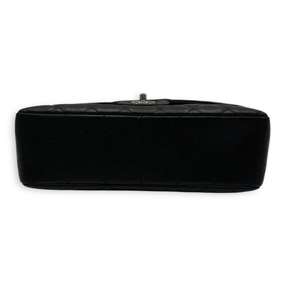 Classic Jumbo Black Shoulder Bag in Caviar Leather, Silver hardware