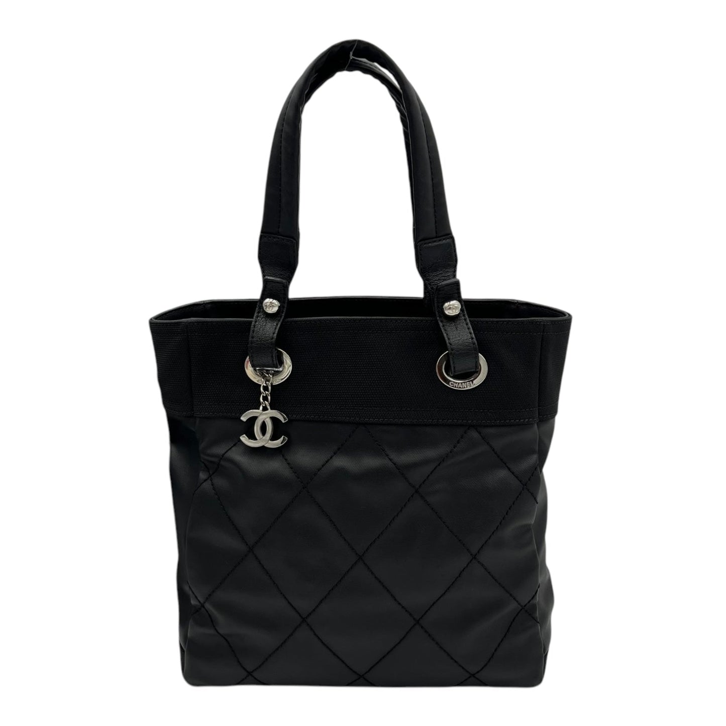 Paris Biarritz Shoulder Bag Black in Coated Canvas, Silver hardware