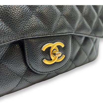 Classic Jumbo Black Shoulder Bag in Caviar Leather, Gold hardware
