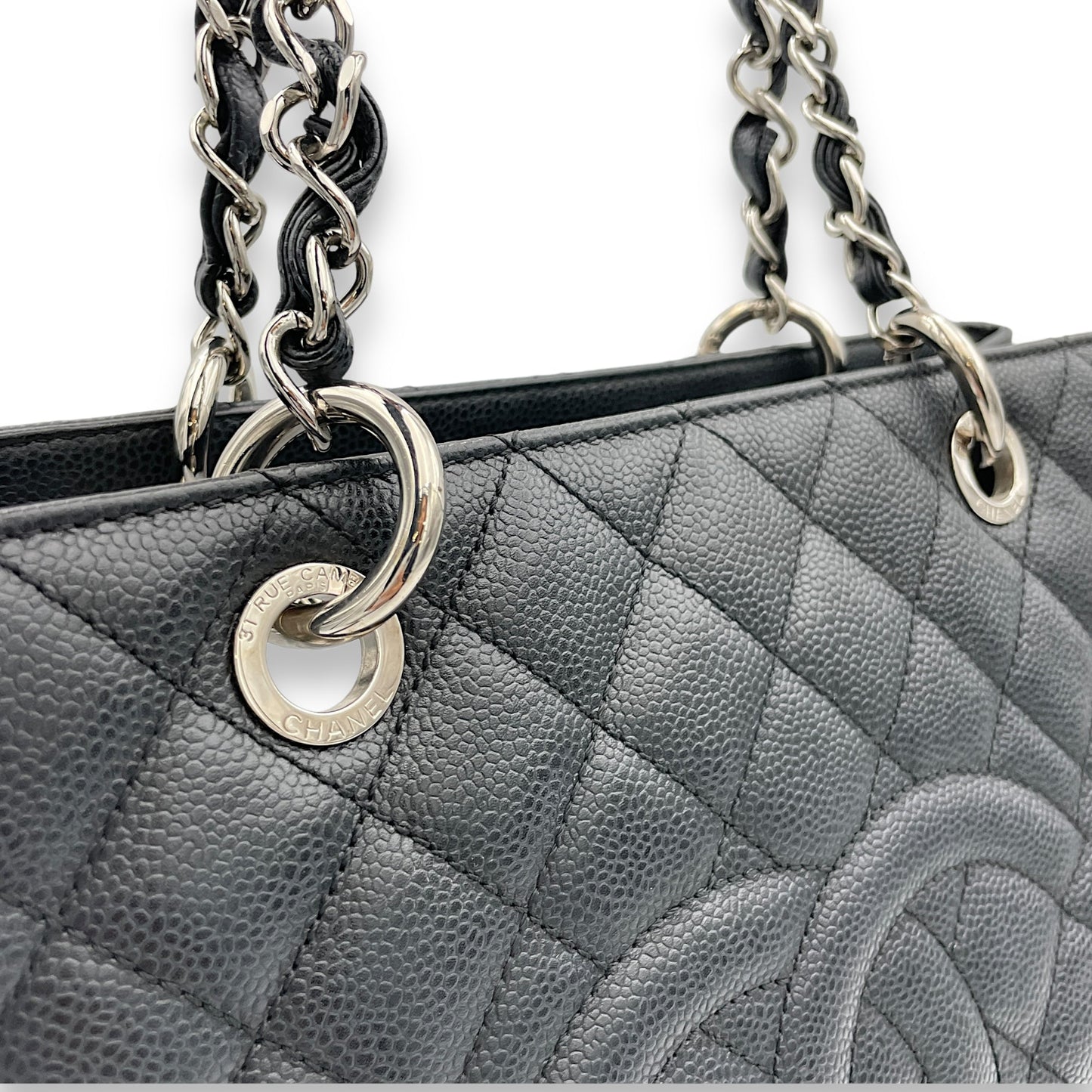GST Black Tote Bag in Caviar Leather, Silver hardware