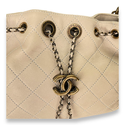 Drawstring CC White Bucket Bag in Lambskin, Gold hardware