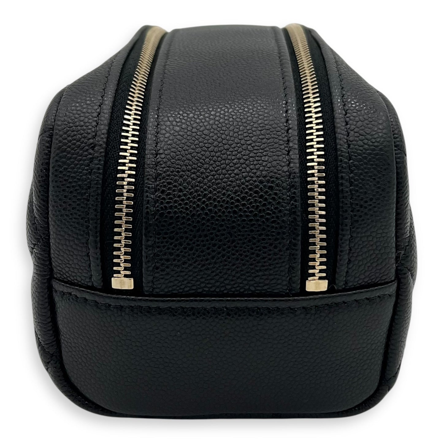 Quilted Double Zip Black Pouch in Caviar Leather, Gold hardware